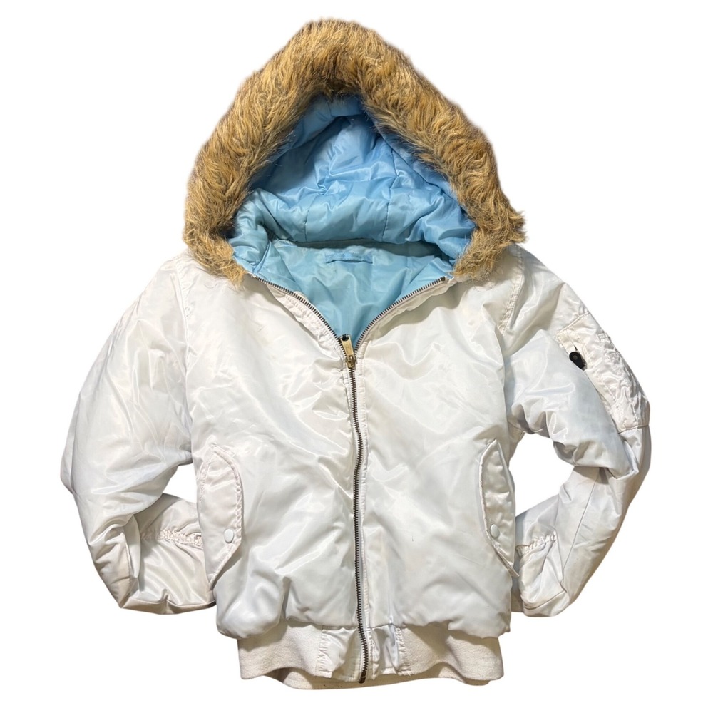 Y2K White Bomber Flight Jacket Faux Fur Trim Hood Blue Lining Utility Pocket